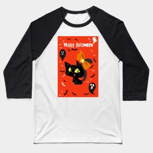 Orange Happy Halloween - Black Cat with a Bow Baseball T-Shirt